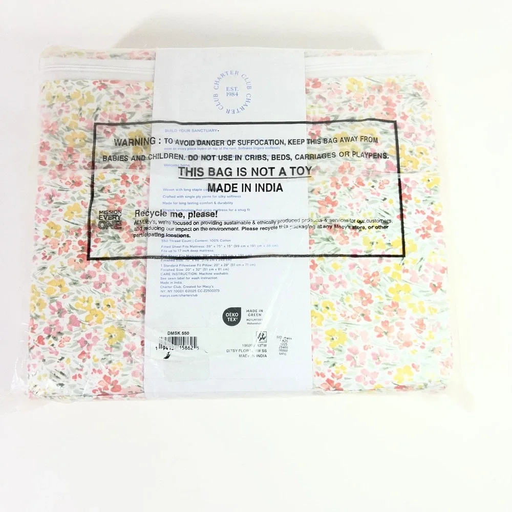 Charter Club Damask Collection Ditsy Floral Twin Sheet Set 550 TC Cotton NIP‎